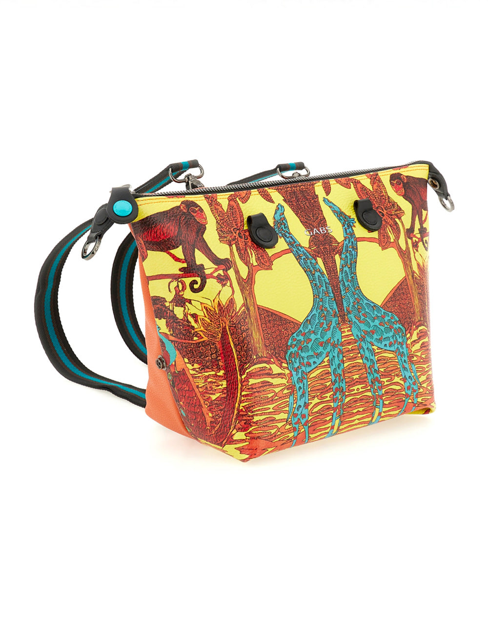 Borsa Gabs G3 Plus TG M Sud Africa gialla arancione stampa safari con giraffe turchesi e scimmie rosse