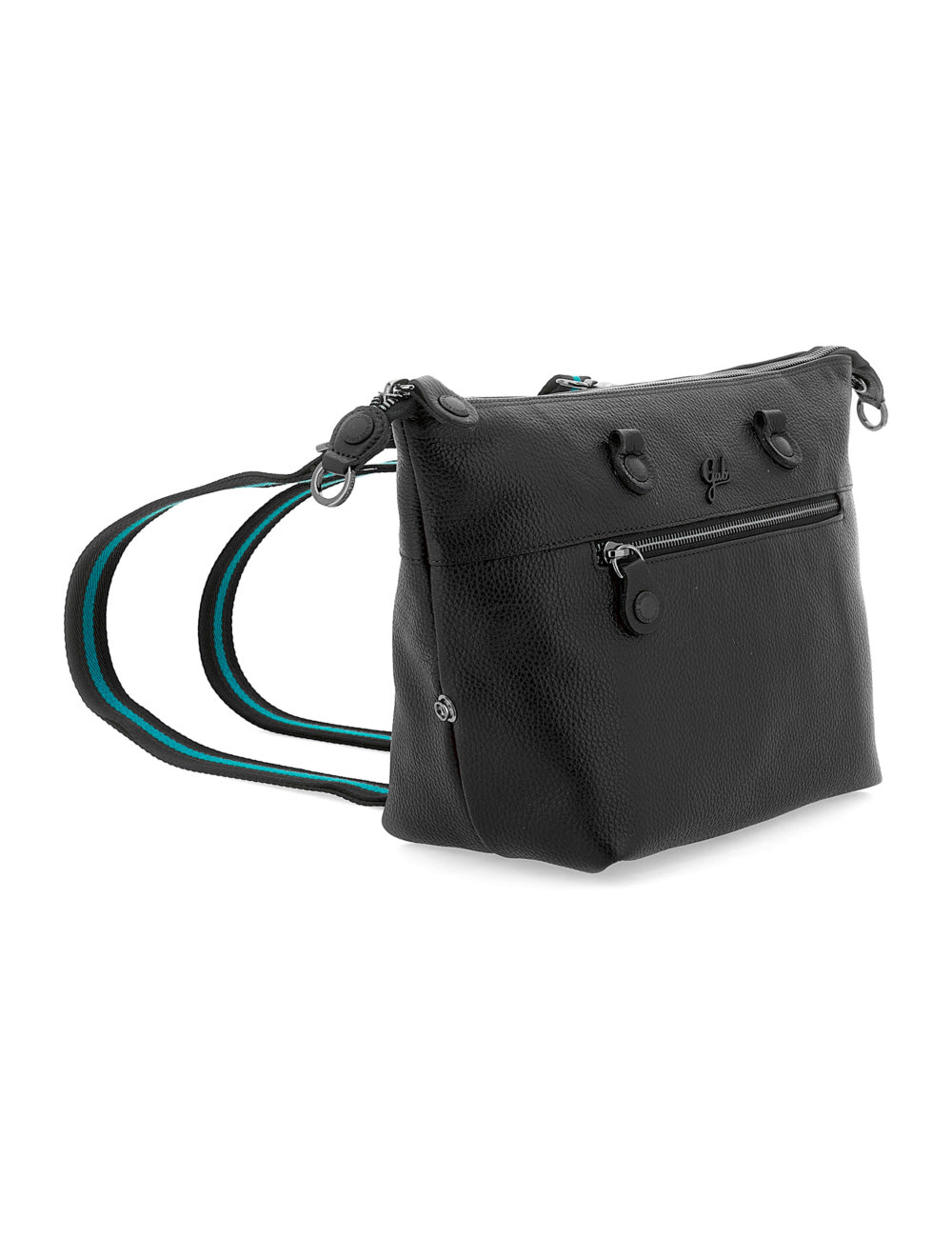 Gabs G3 Plus Medium Nera borsa a tracolla nera in pelle testurizzata con tracolla regolabile a righe verde petrolio e nero