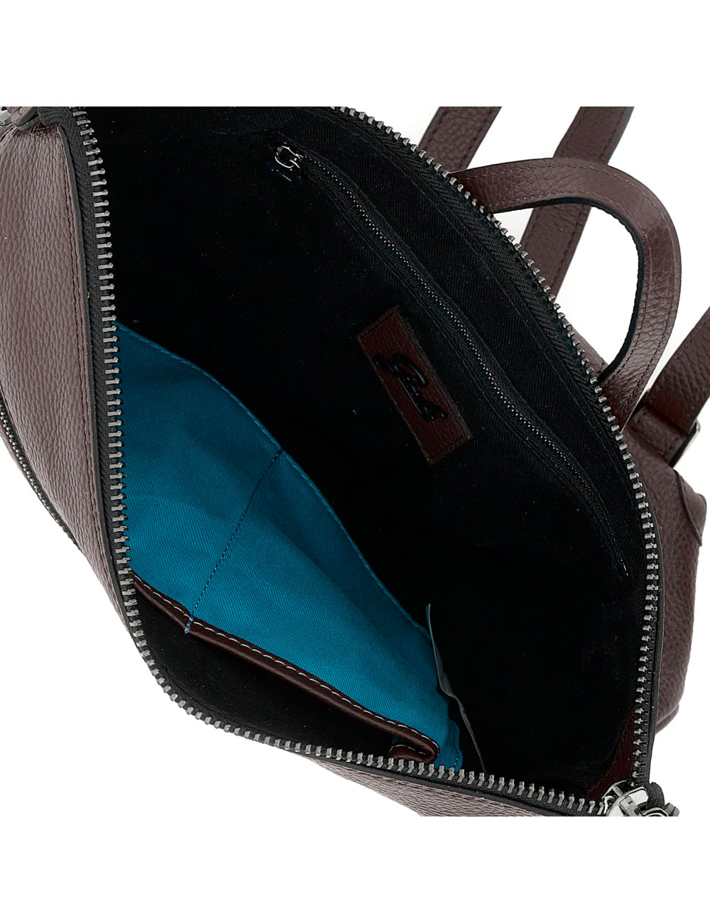 Zaino medium moka di gabs in pelle marrone con fodera interna turchese e dettagli zip neri