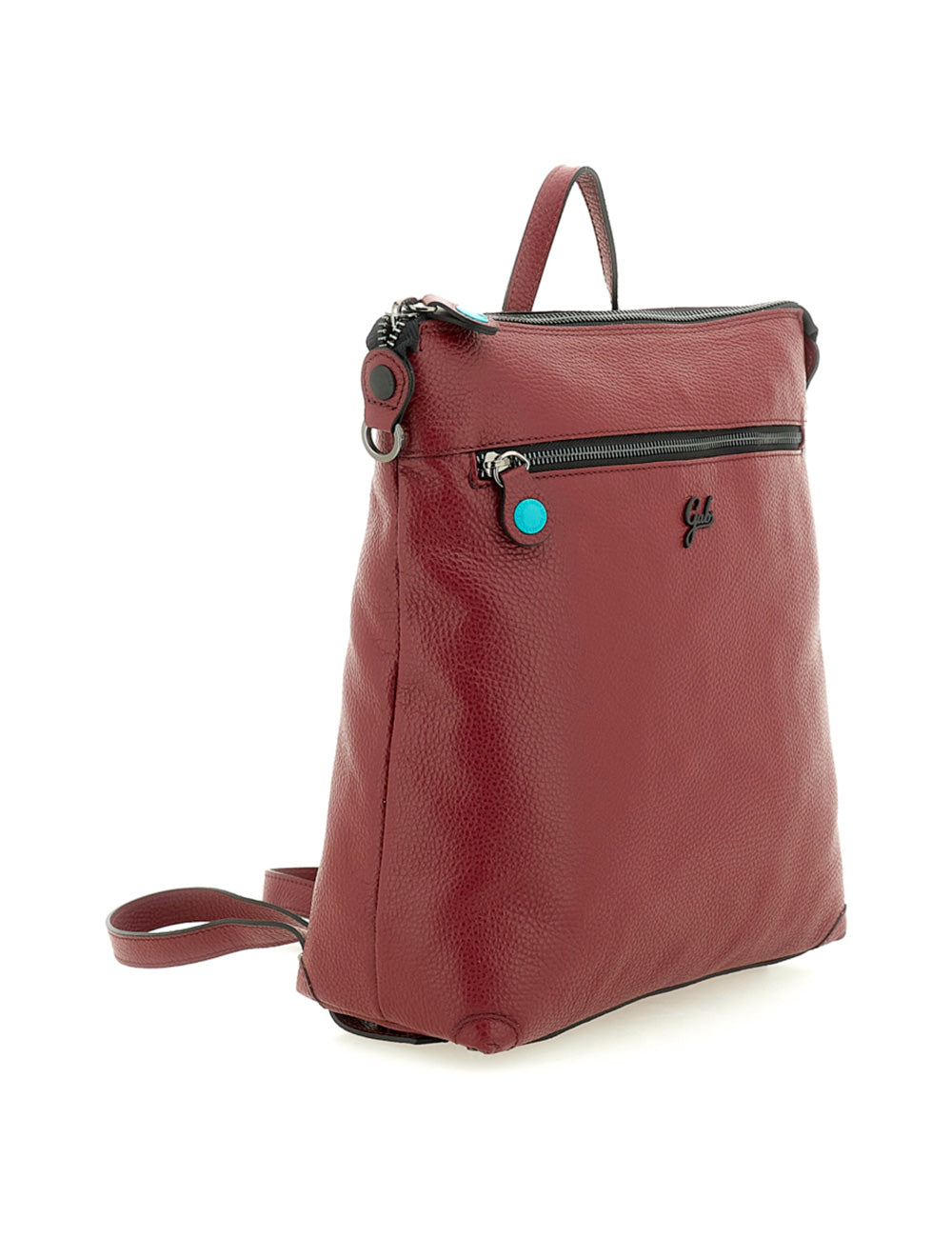 A textured burgundy leather gabs zaino lolita medium cardinale backpack with black zippers and turquoise accent buttons