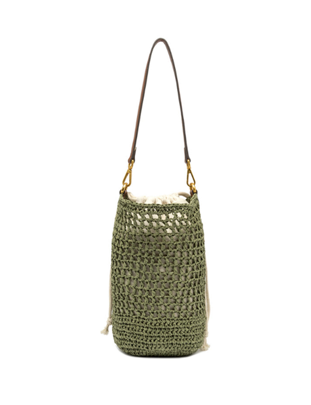 Borsa secchiello Nefeli Taiga Gianni Chiarini verde oliva intrecciata con tracolla pelle marrone