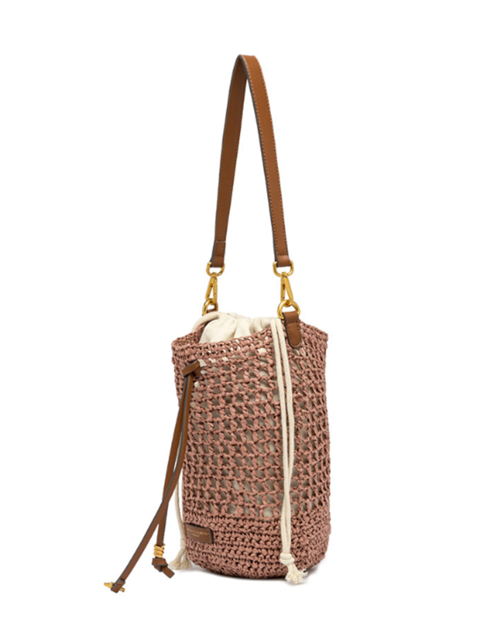 Borsa secchiello Nefeli Blush Gianni Chiarini rosa intrecciata con tracolla pelle marrone