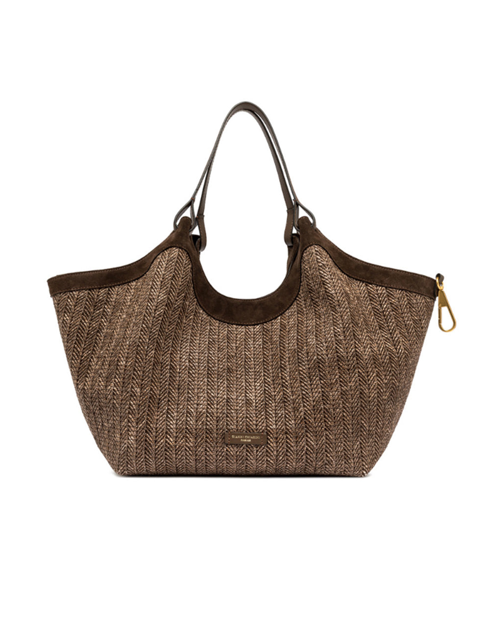 Borsa tote intrecciata in paglia marrone con rifiniture in suede e hardware oro, Gianni Chiarini Dua Choco