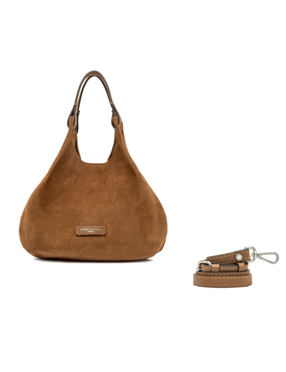 Borsa hobo media Dua in camoscio caramel di Gianni Chiarini con tracolla regolabile abbinata
