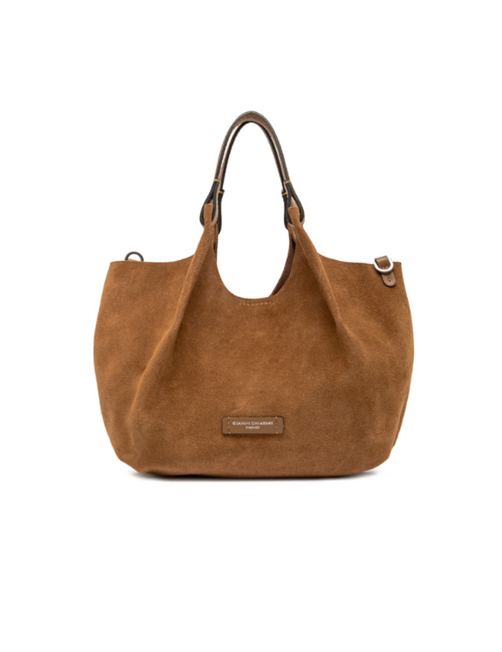 Borsa hobo media Dua in camoscio caramello Gianni Chiarini con manici in pelle marrone scuro e placca metallica