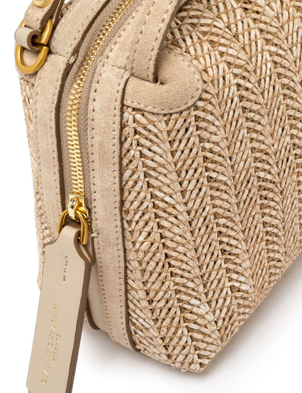 Borsa Gianni Chiarini Alifa Sabbia in paglia intrecciata beige con rifiniture in suede e hardware oro
