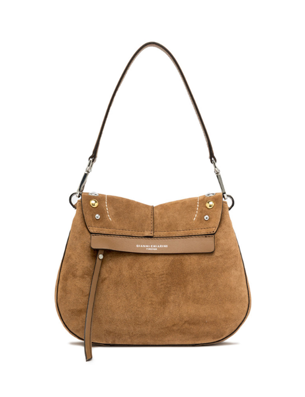 Borsa spalla in camoscio color caramello Gianni Chiarini Helena Round con patta, hardware dorato e tracolla in pelle marrone