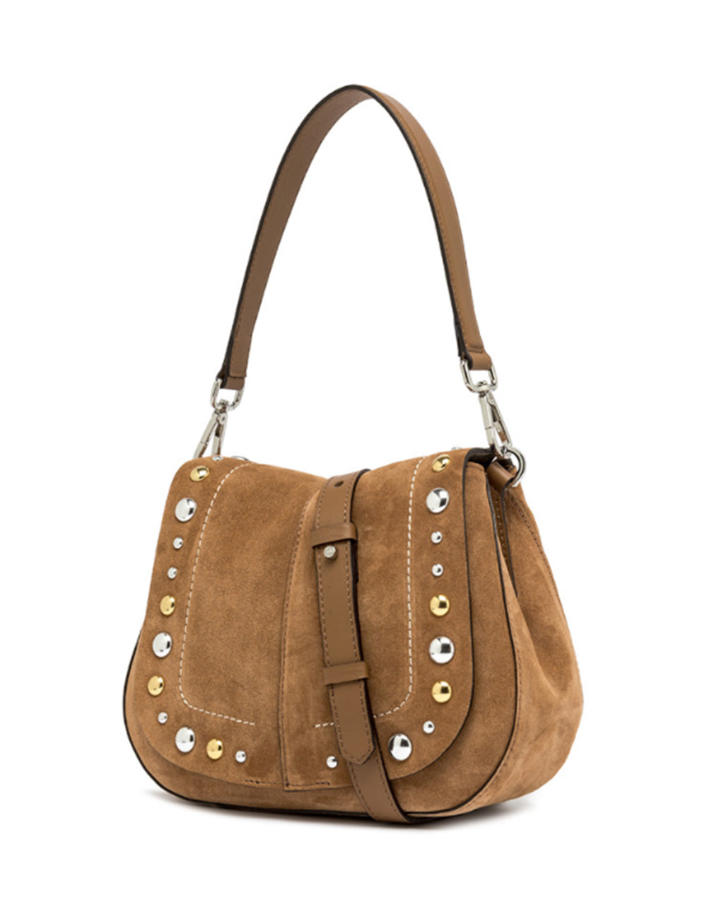 Borsa in camoscio color caramello Gianni Chiarini Helena con borchie oro e argento