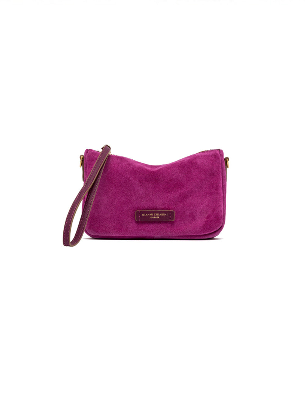 Borsa a tracolla in suede magenta vibrante Gianni Chiarini Nora Pouch Small Desert Flower con tracolla da polso abbinata e hardware oro
