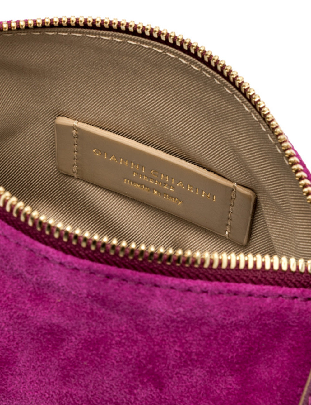 Borsa a tracolla piccola Gianni Chiarini Nora Pouch Desert Flower in velluto magenta con zip oro