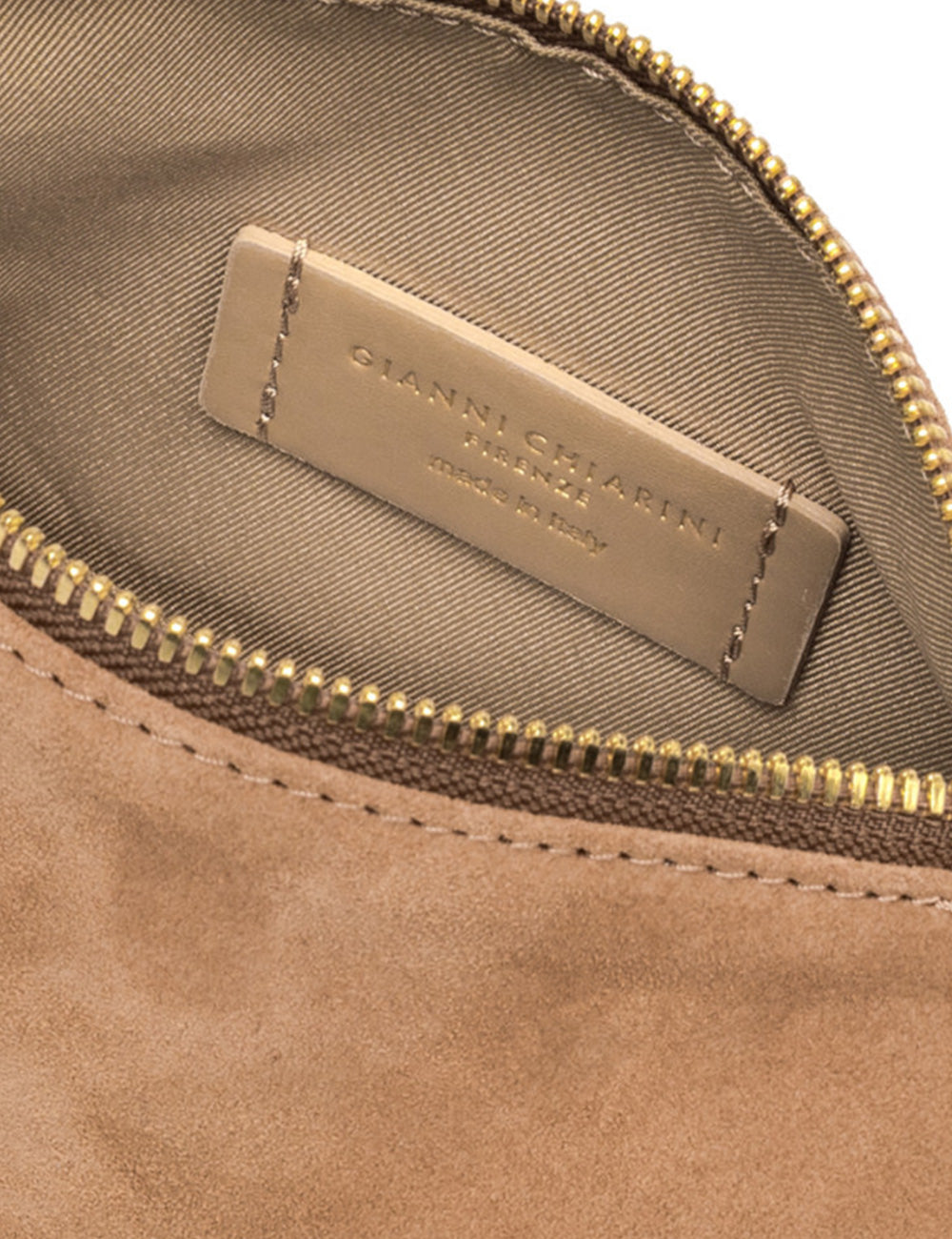 Borsa Nora piccola caramel Gianni Chiarini in suede tan con zip oro