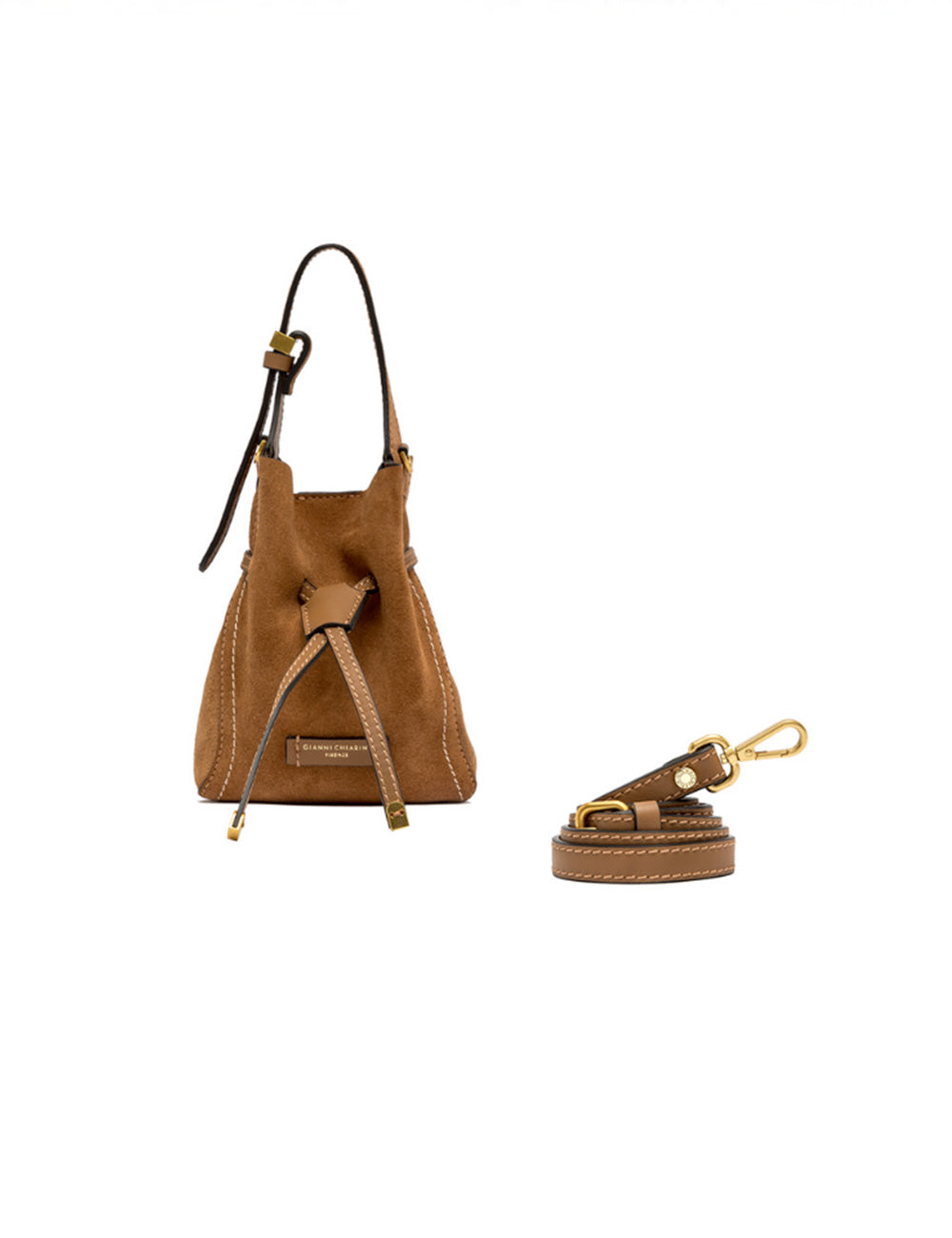 Borsa a secchiello in camoscio color caramello con hardware dorato e tracolla staccabile Gianni Chiarini Sienna Mini