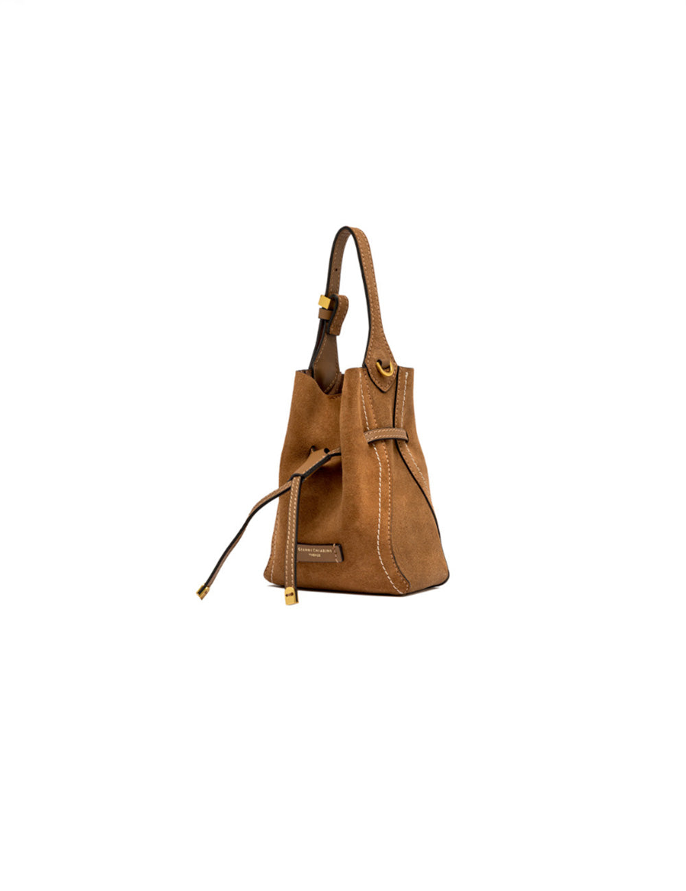 Borsa a secchiello mini Sienna Caramel in suede color caramello di Gianni Chiarini con hardware dorato e chiusura a coulisse