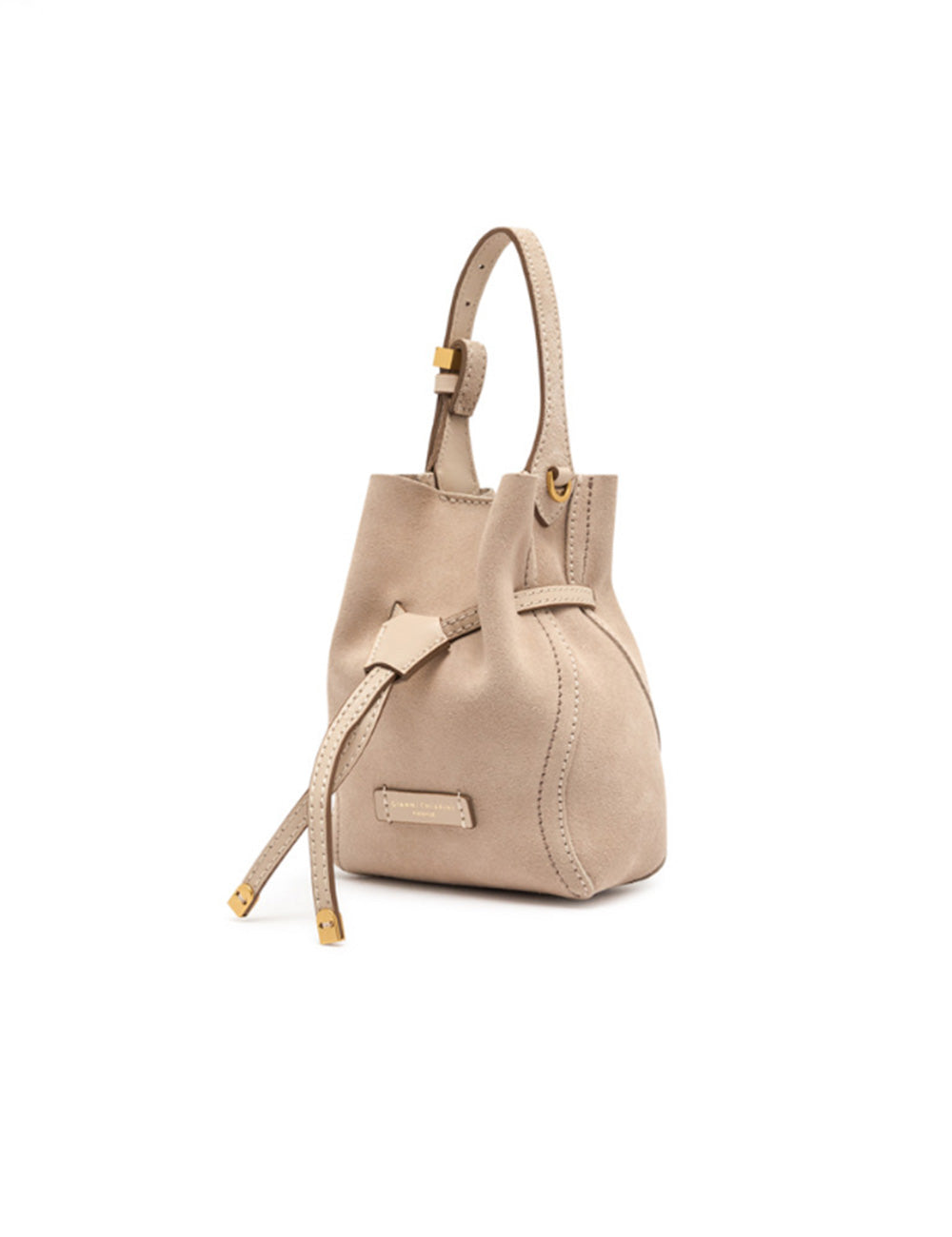 Borsa a secchiello mini Sienna Nude Gianni Chiarini in pelle beige con hardware dorato e coulisse