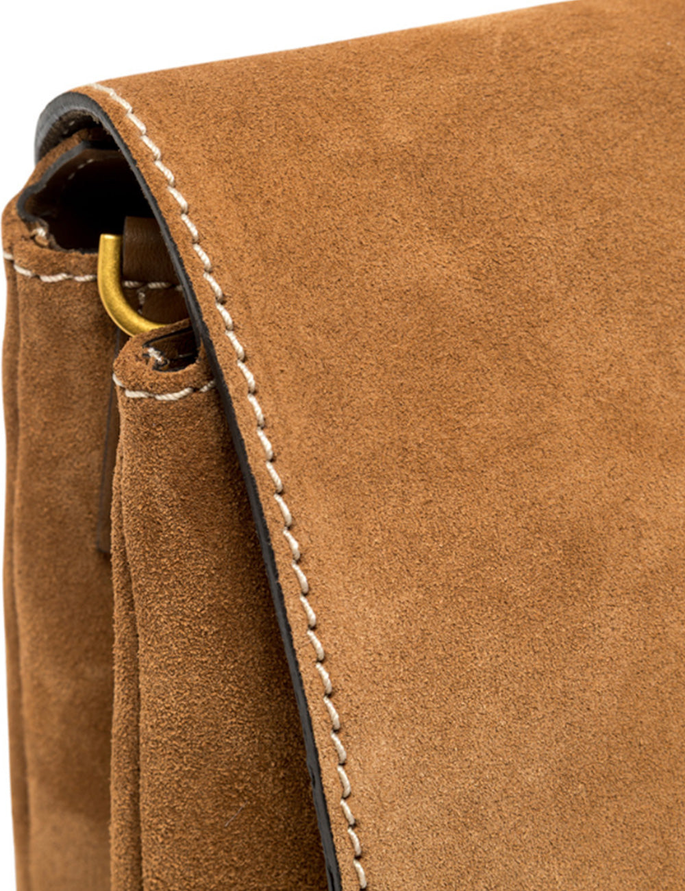Borsa tracolla Gianni Chiarini Tracolla Three Caramel in suede tan con impunture bianche e anello metallico oro