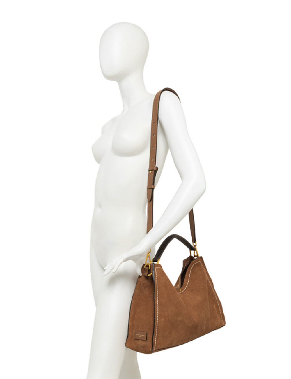 Borsa Prada in camoscio marrone con manici in pelle nera e hardware dorato, modello Gianni Chiarini Aurora Caramel