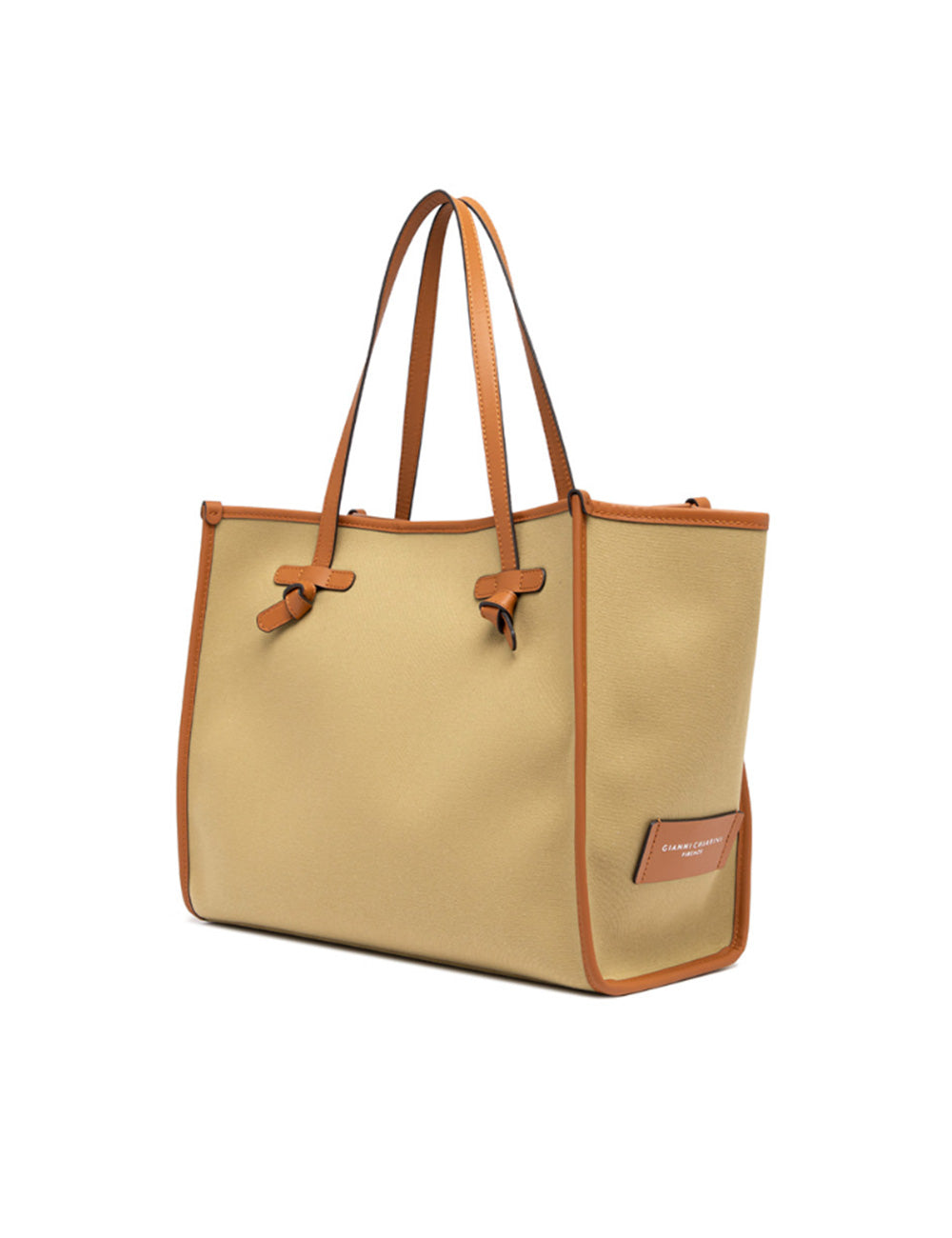 Borsa tote in canvas beige con manici e bordi in pelle color caramello, design minimalista Gianni Chiarini Marcella Taiga Corda Caramel Large