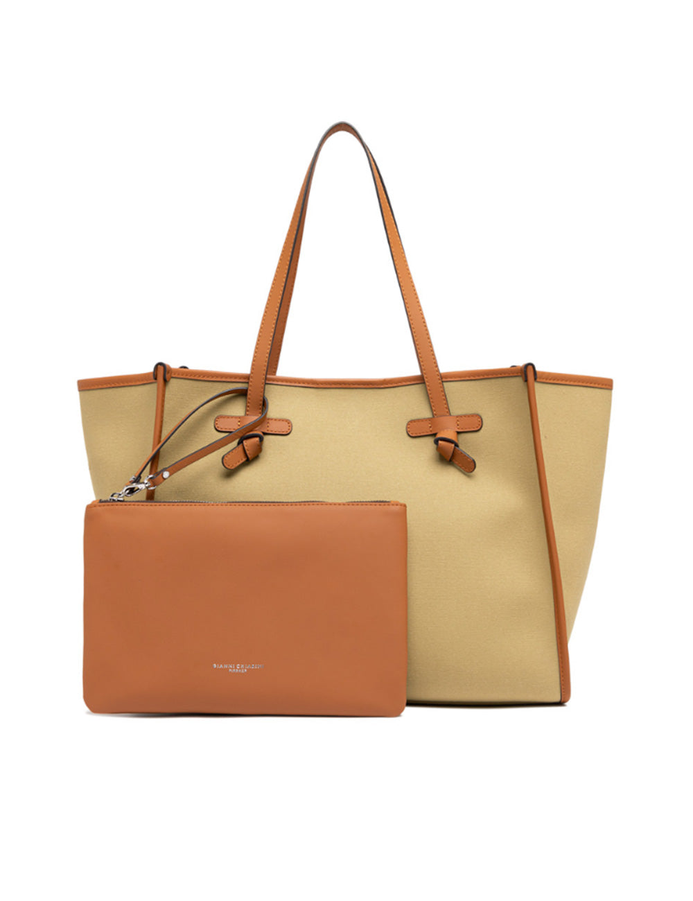Borsa tote in pelle beige e marrone Gianni Chiarini Marcella Taiga Corda Caramel grande con manici a fiocco abbinati