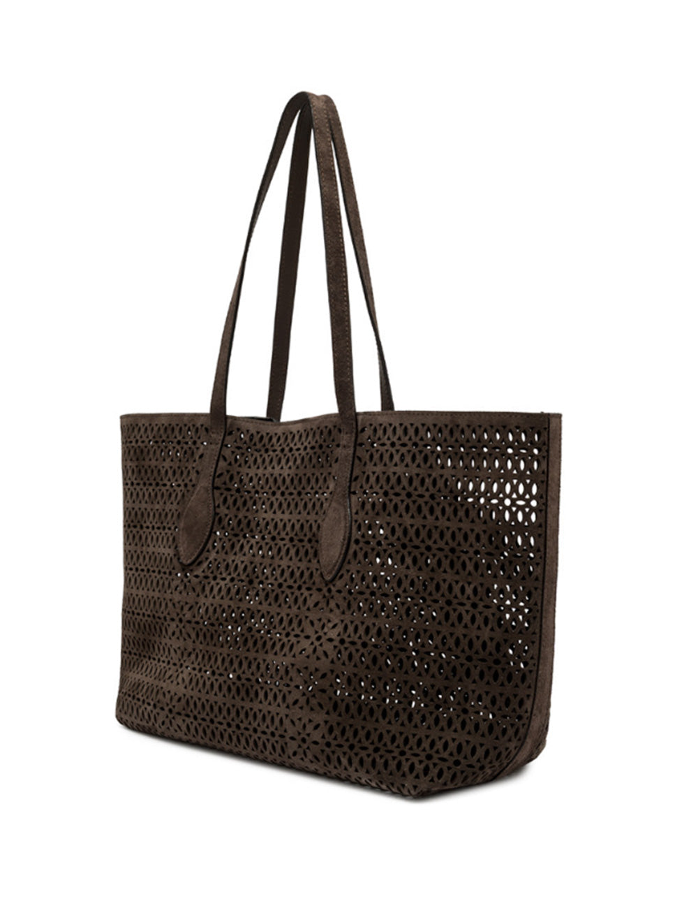 Borsa tote in suede marrone Gianni Chiarini Shopping Mashup Moka con pattern traforato e manici in pelle