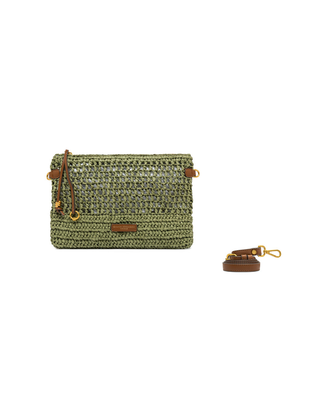 Borsa clutch in paglia verde oliva con accenti in pelle marrone e hardware oro del modello Gianni Chiarini Pouch Nefeli Taiga