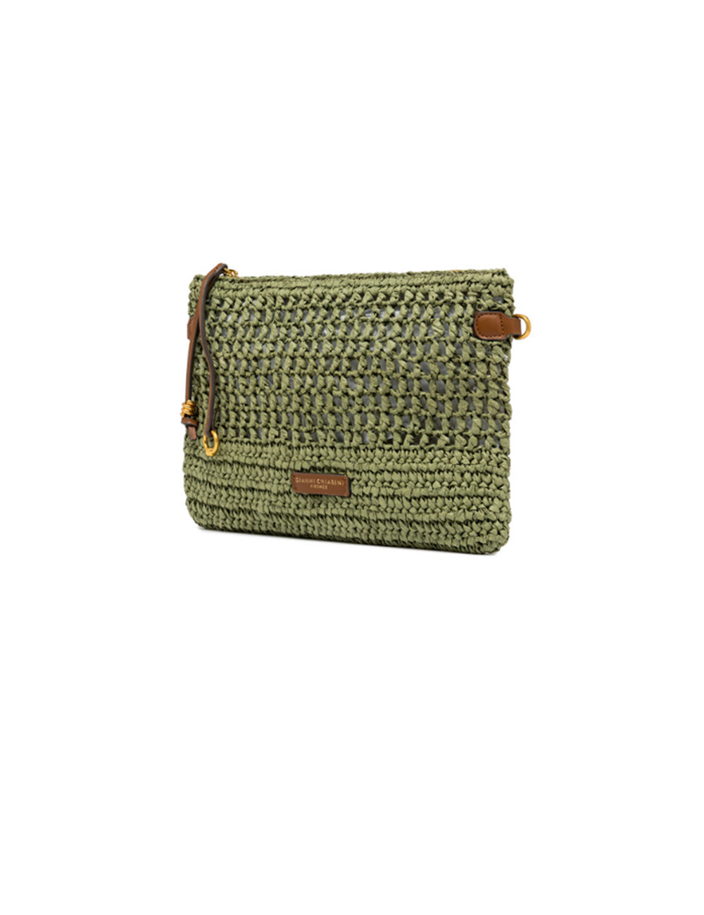 Borsa a tracolla Nefeli Taiga di Gianni Chiarini in paglia verde oliva con accenti in pelle marrone e cerniera dorata