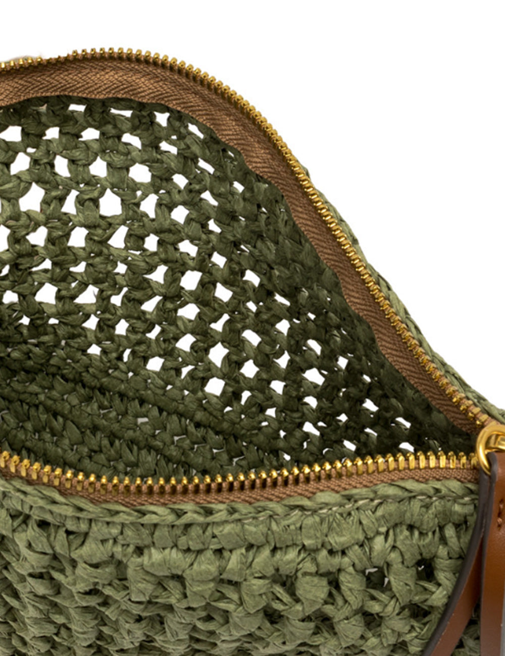 Borsa in paglia intrecciata verde oliva Gianni Chiarini Pouch Nefeli Taiga con cerniera oro e rifiniture in pelle marrone