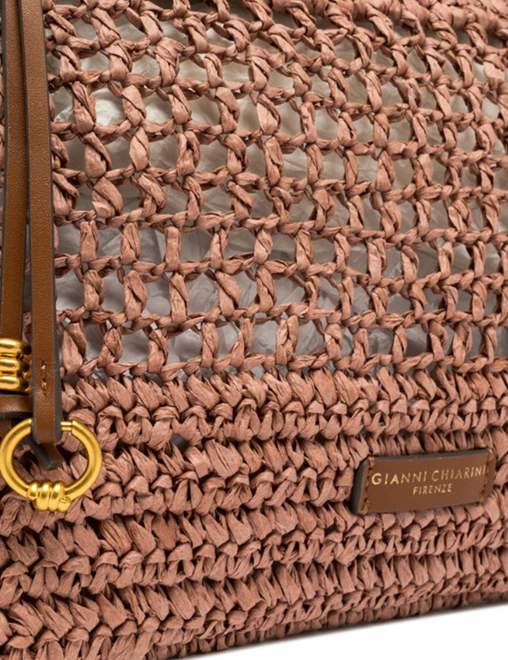 Borsa in paglia rosa cipria con tracolla in pelle marrone, Gianni Chiarini Florence