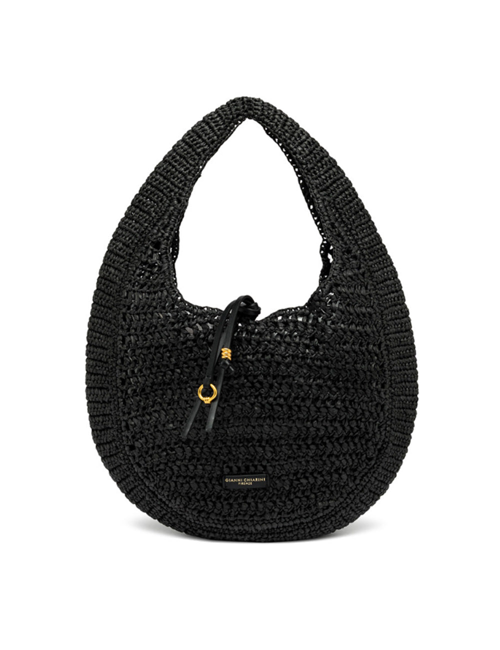 Borsa hobo Nefeli Nera Gianni Chiarini nera in paglia intrecciata con anello metallico dorato e chiusura a cordoncino in pelle