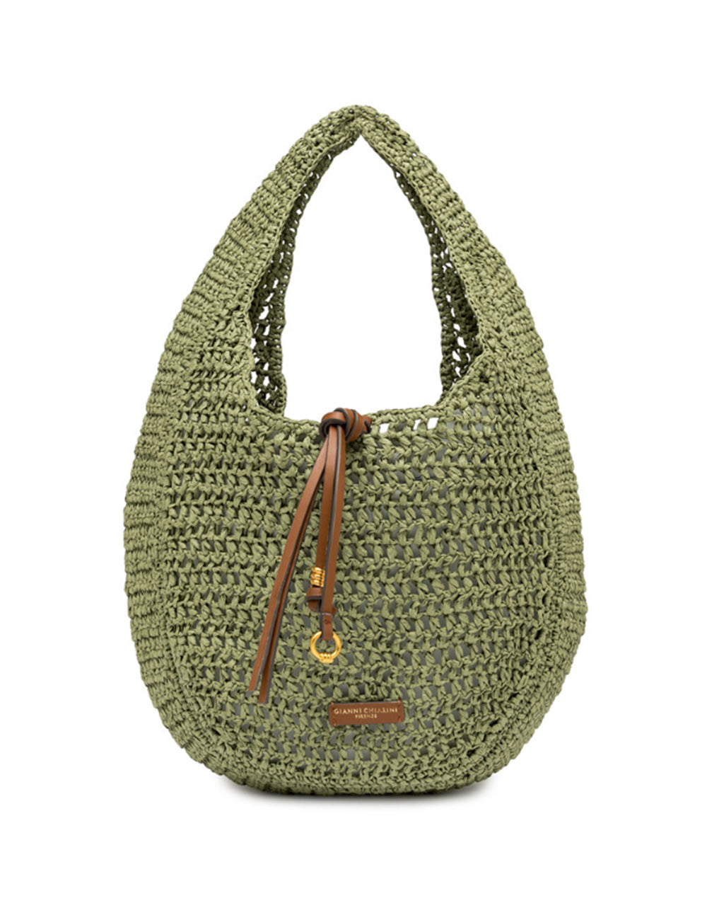 Borsa hobo Nefeli Taiga Gianni Chiarini in crochet verde oliva con cordoncino in pelle marrone e hardware oro