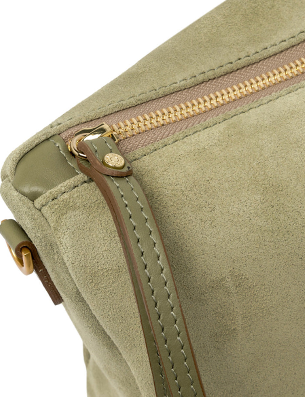Borsa in suede verde oliva Gianni Chiarini Nora Pouch Willow con cerniera oro e accenti in pelle marrone