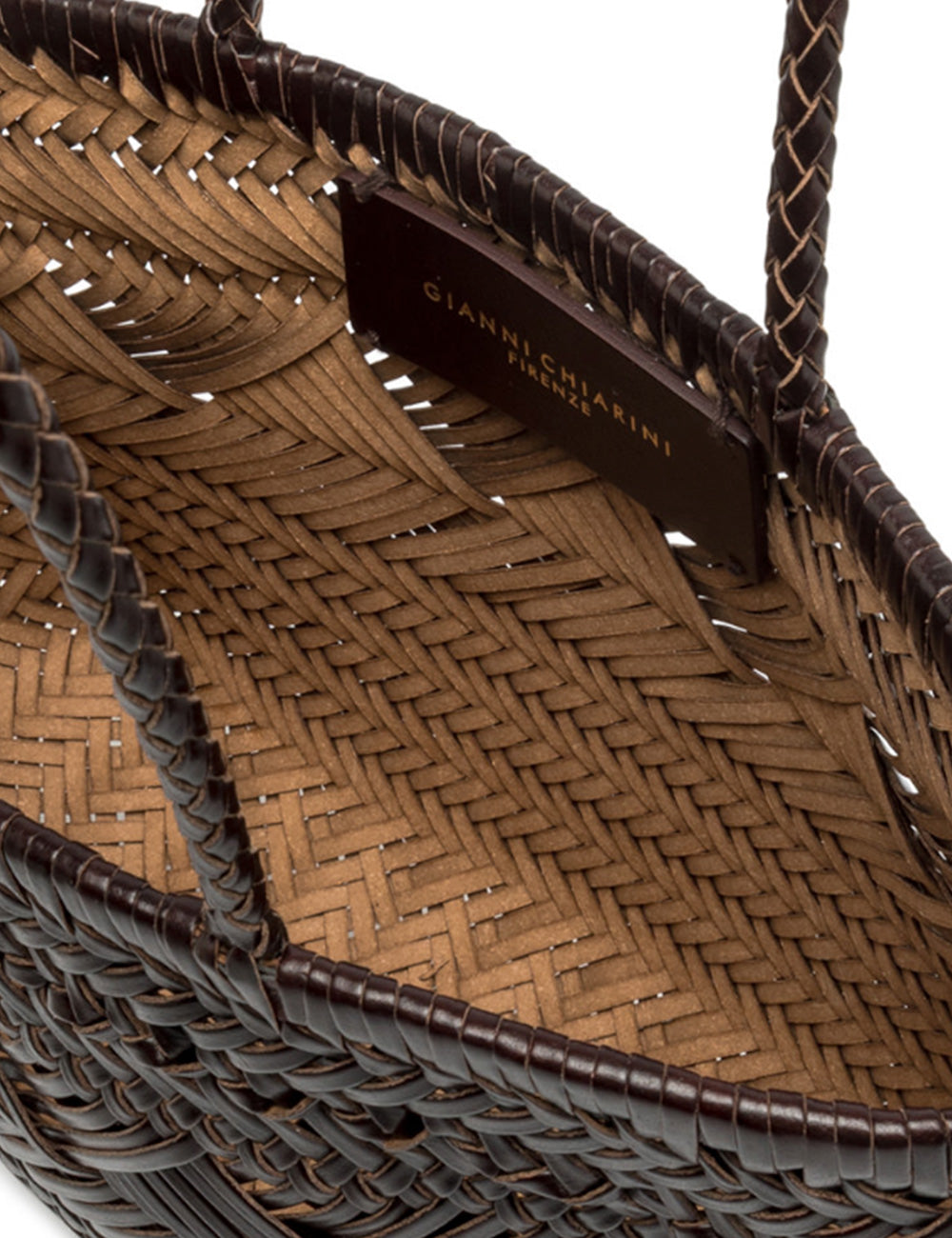 Cesto intrecciato marrone Paloma Choco Gianni Chiarini con manici neri e etichetta in pelle Firenze