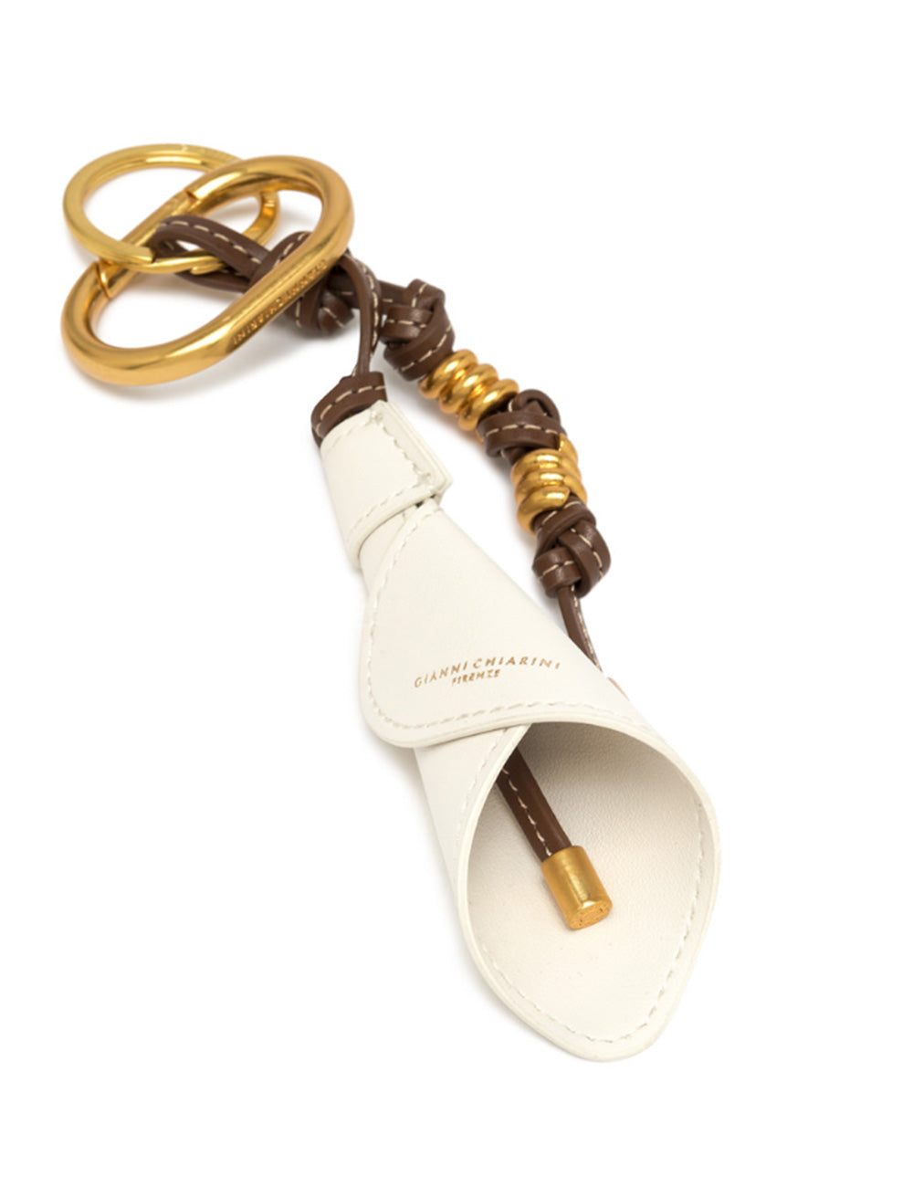 Portachiavi Calla Marble Gianni Chiarini in pelle bianca con corda intrecciata marrone e hardware oro