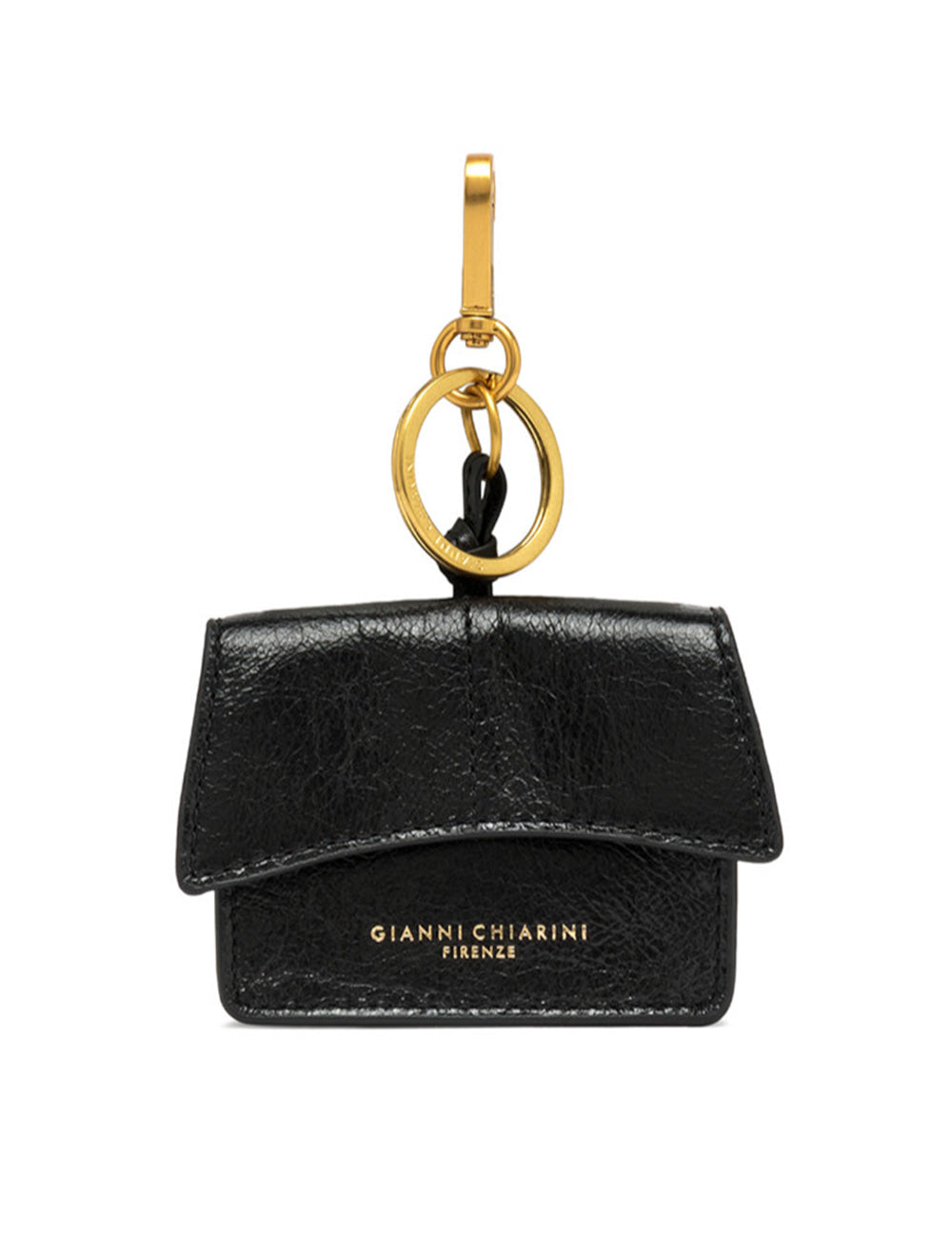 PortaAirPods Nero di Gianni Chiarini Firenze in pelle nera con anello e chiusura oro