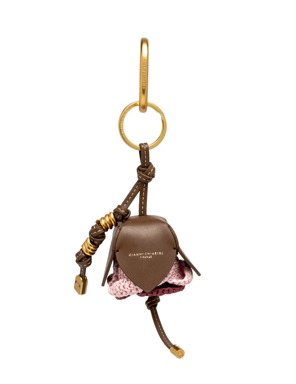 Portachiavi Gianni Chiarini cuoio marrone cuore fiore crochet rosa oro