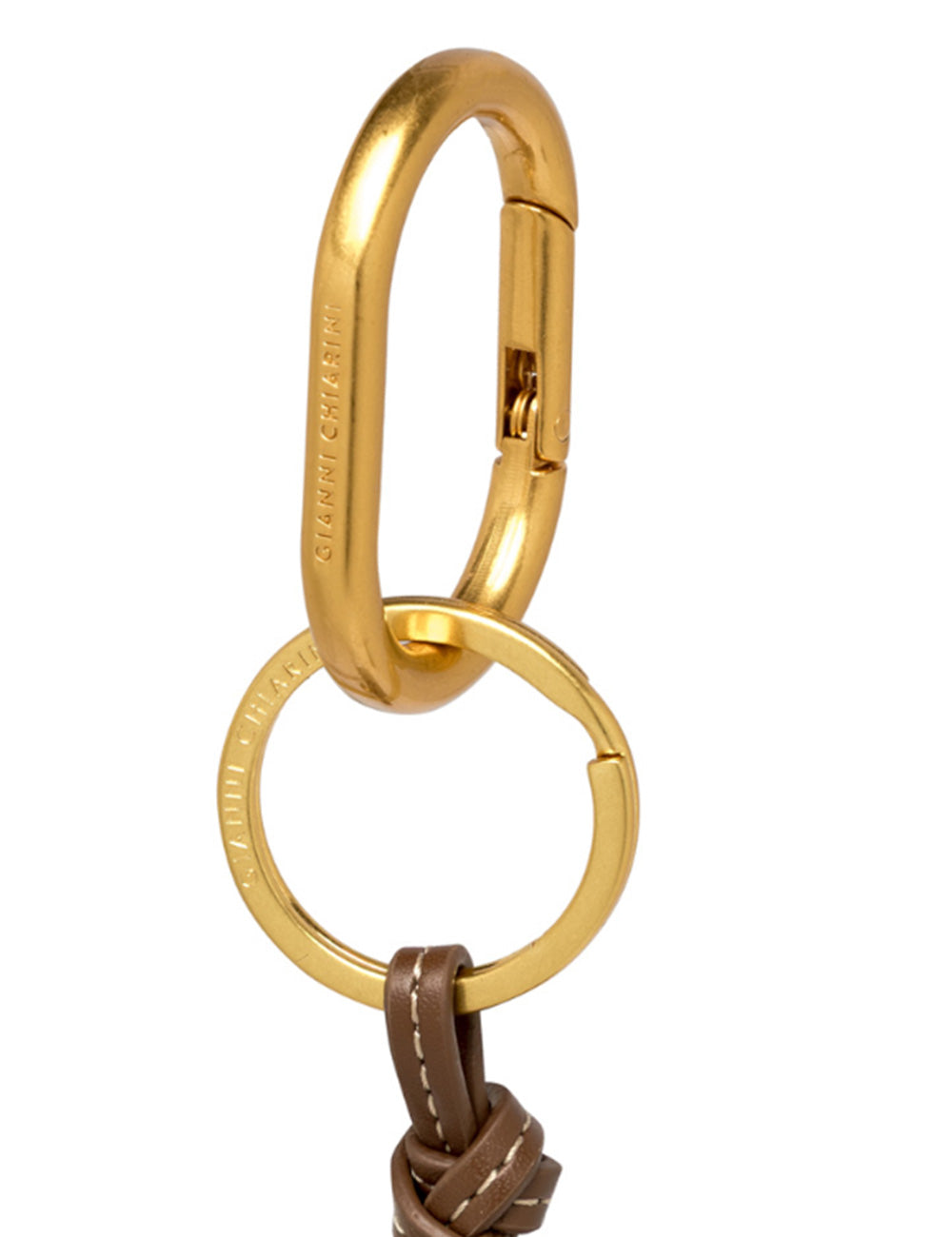 Portachiavi Gianni Chiarini con fiore di paglia, metallo dorato e nodo in pelle marrone