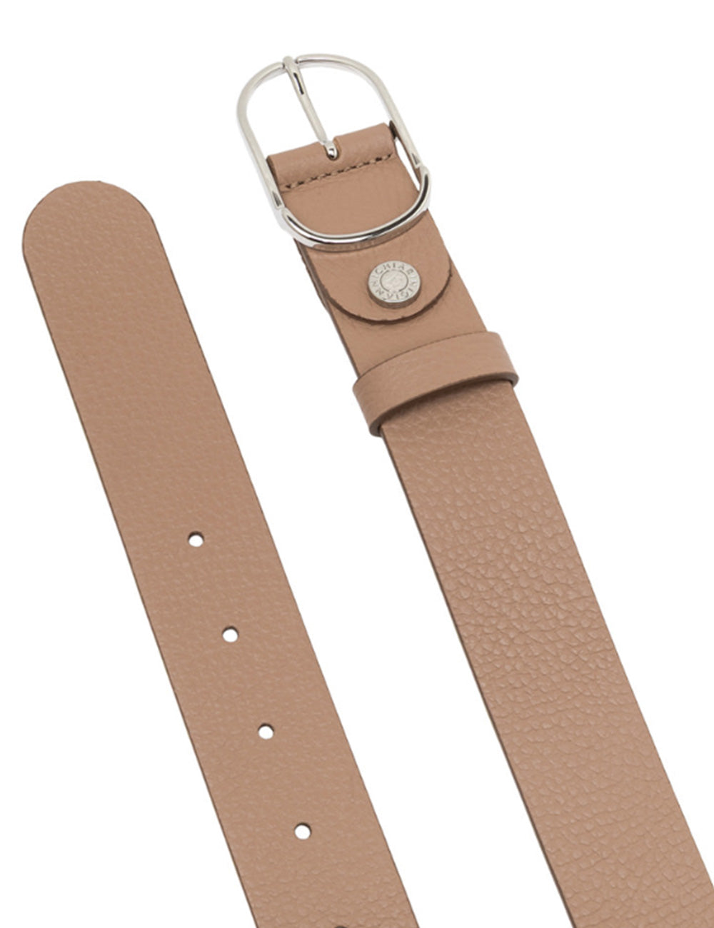 Cintura in pelle color tan con fibbia argento e piastra metallica, Gianni Chiarini Cintura Dollaro Clay