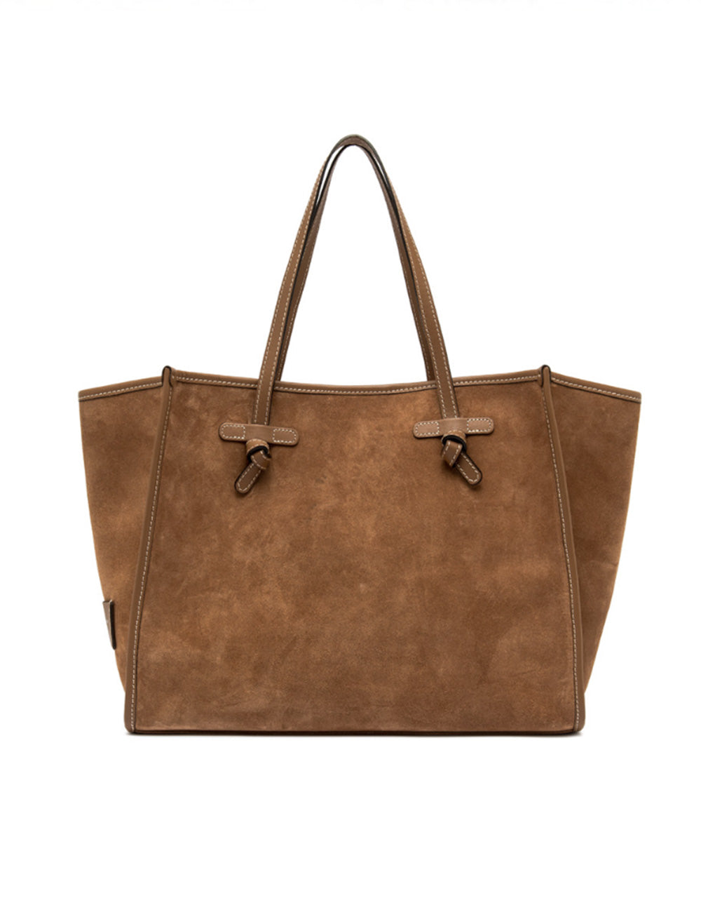 Borsa tote in suede caramello Marcella di Gianni Chiarini con manici in pelle e chiusura a toggle