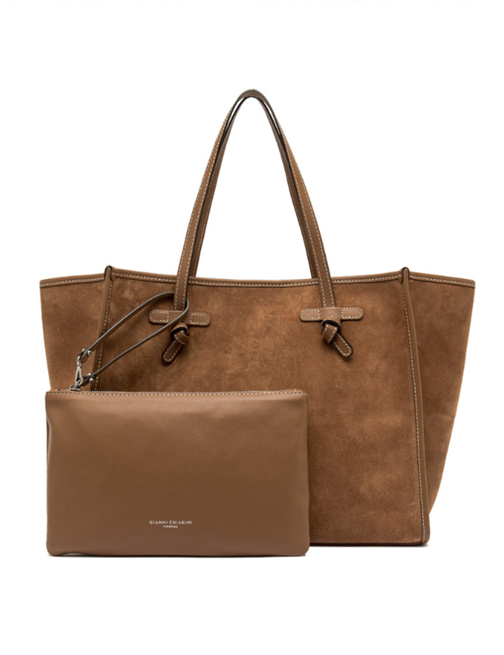 Borsa tote in suede caramello Marcella di Gianni Chiarini con pochette abbinata
