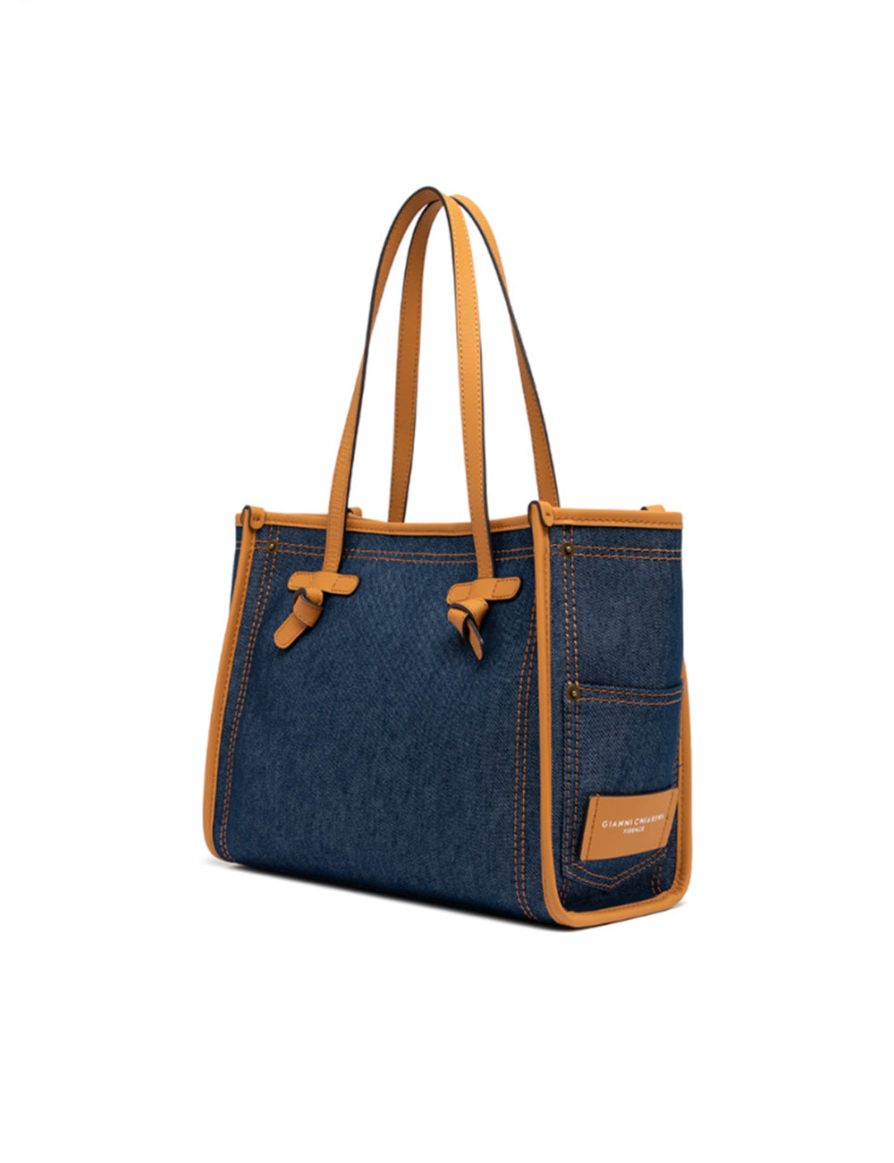 Borsa tote Gianni Chiarini Marcella media blu denim con manici e rifiniture in pelle color cuoio