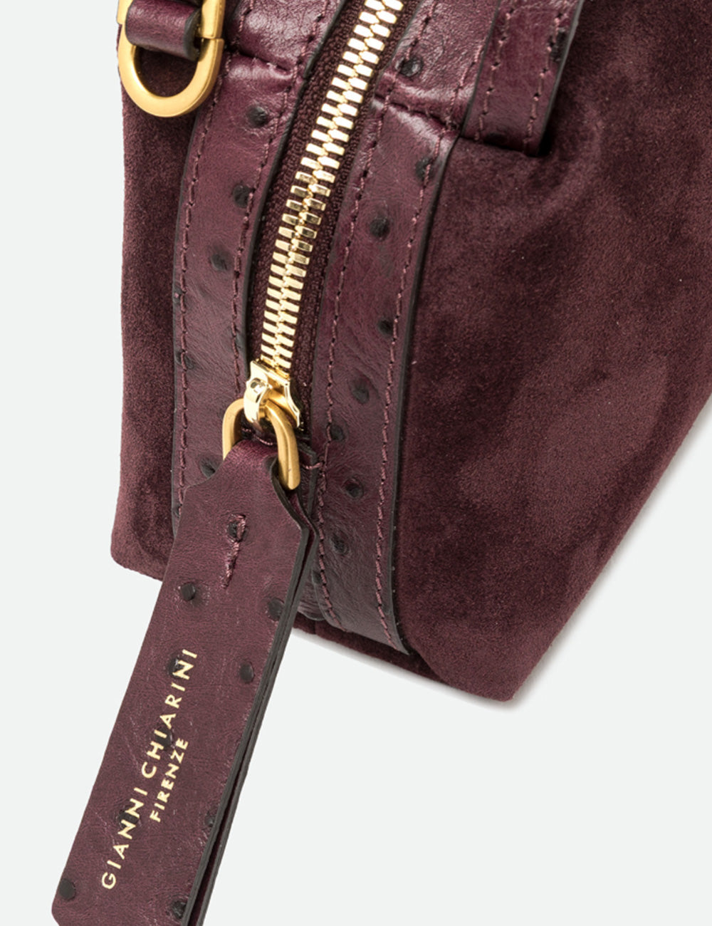 Gianni chiarini alifa mini amarone borsa in suede burgundy con dettagli oro e targhetta brandizzata