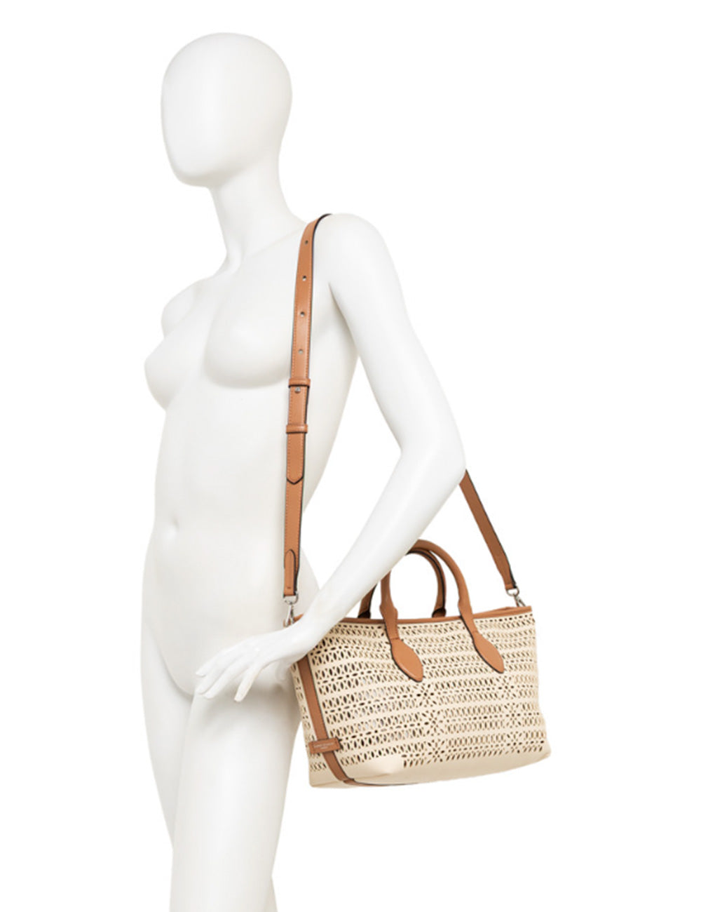 Borsa tote intrecciata in paglia beige con manici e tracolla in pelle color panna di Gianni Chiarini