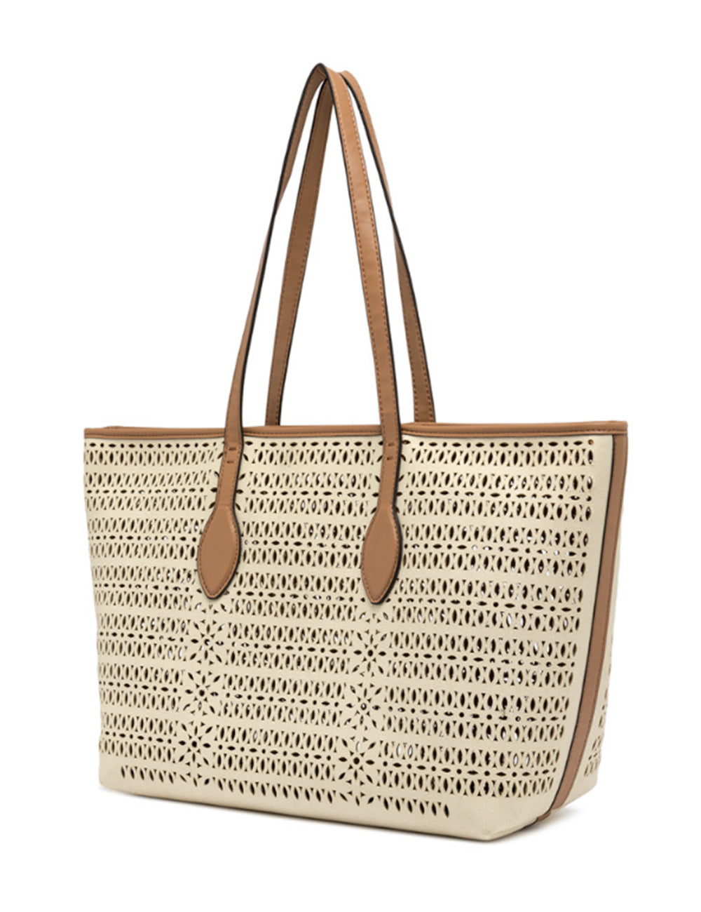 Borsa tote grande Mashup Panna Gianni Chiarini in beige forato con manici e rifiniture in pelle color cuoio