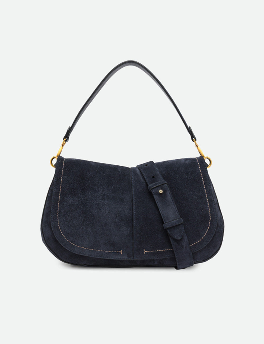 Navy blue suede borsa a tracolla gianni chiarini helena round large notturno con dettagli oro e tracolla staccabile