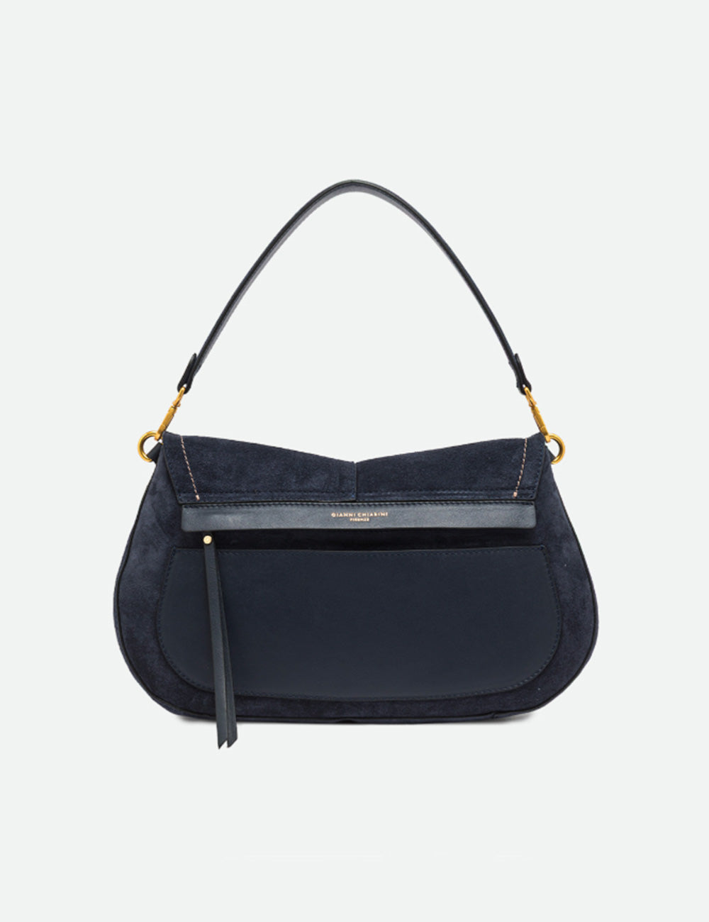 Navy blue suede shoulder bag with black leather trim and gold-tone hardware by gianni chiarini helena round large notturno