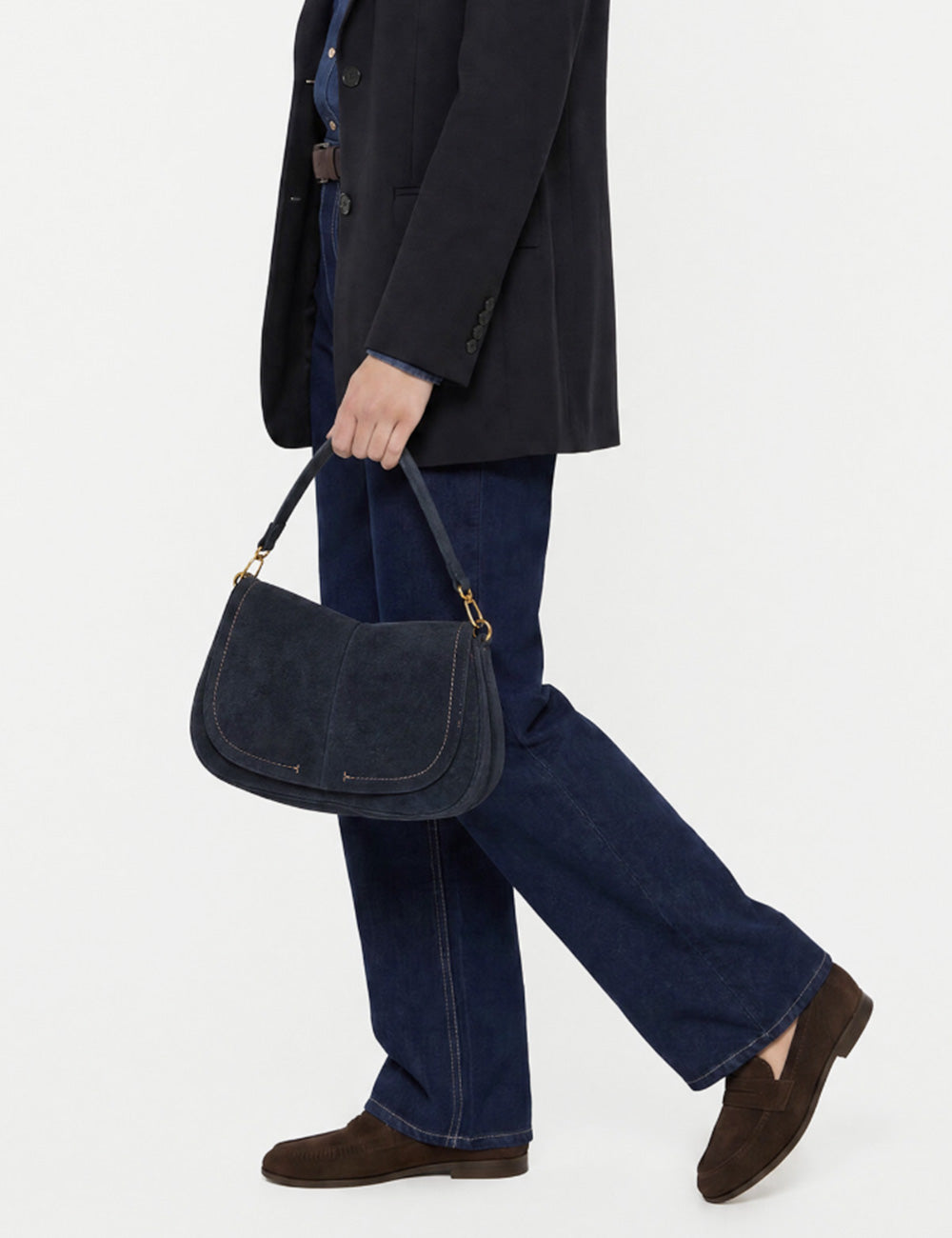Borsa a spalla navy in suede gianni chiarini helena round large con dettagli oro