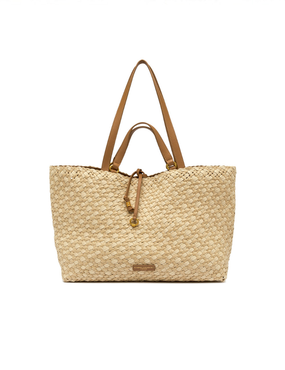 Borsa tote intrecciata in paglia beige con manici in pelle color tan e chiusura a cordoncino Gianni Chiarini Mercy Naturale