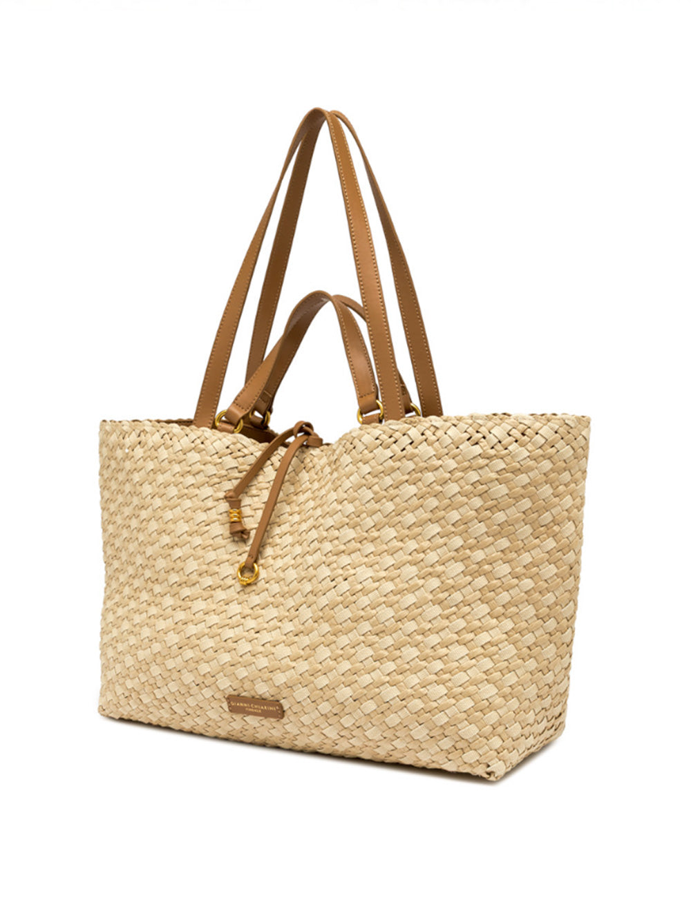 Borsa tote in paglia intrecciata beige con manici in pelle color tan e chiusura a cordoncino abbinata, Gianni Chiarini Mercy Naturale