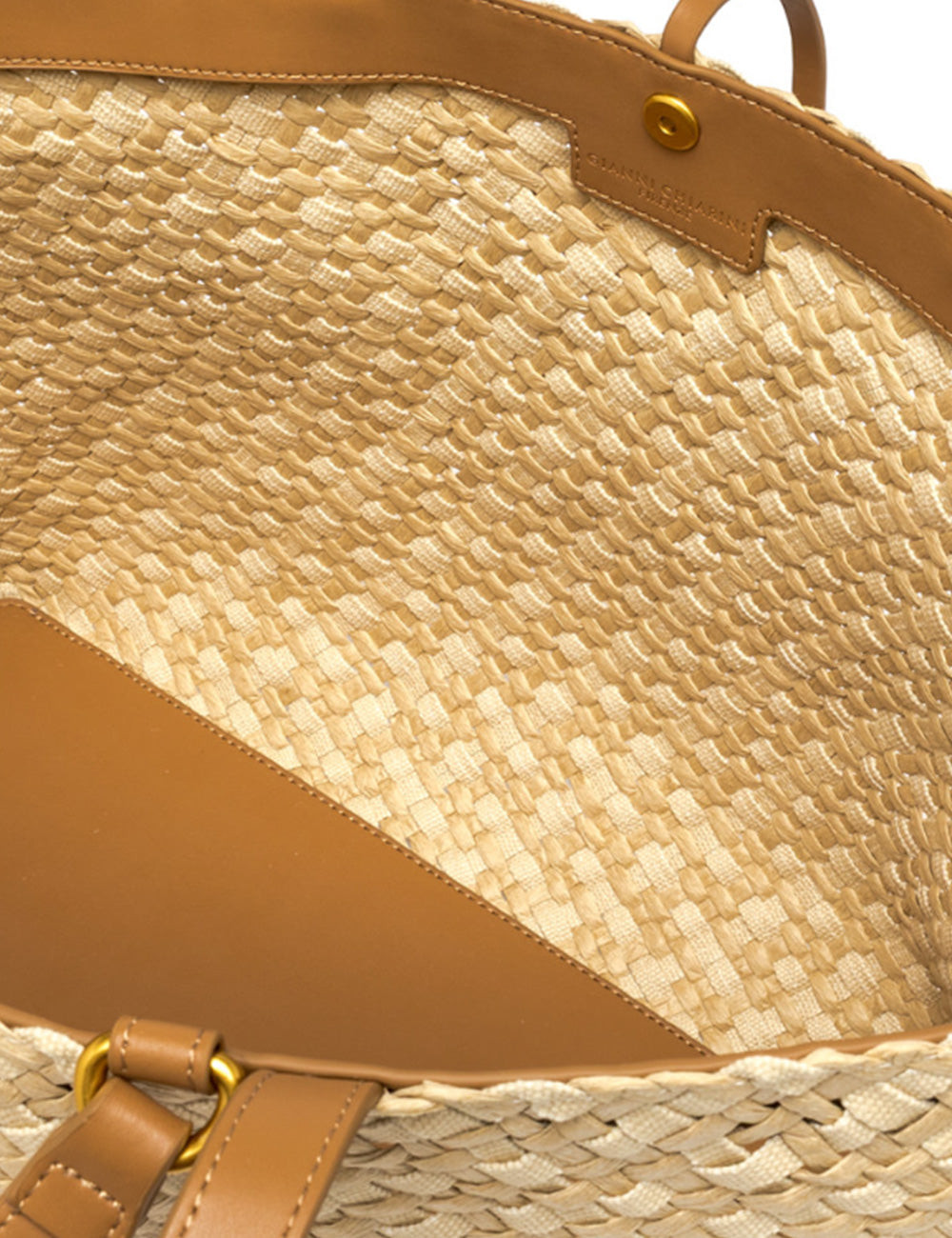 Borsa tote intrecciata in paglia beige con rifiniture e manici in pelle color tan Gianni Chiarini Mercy Naturale