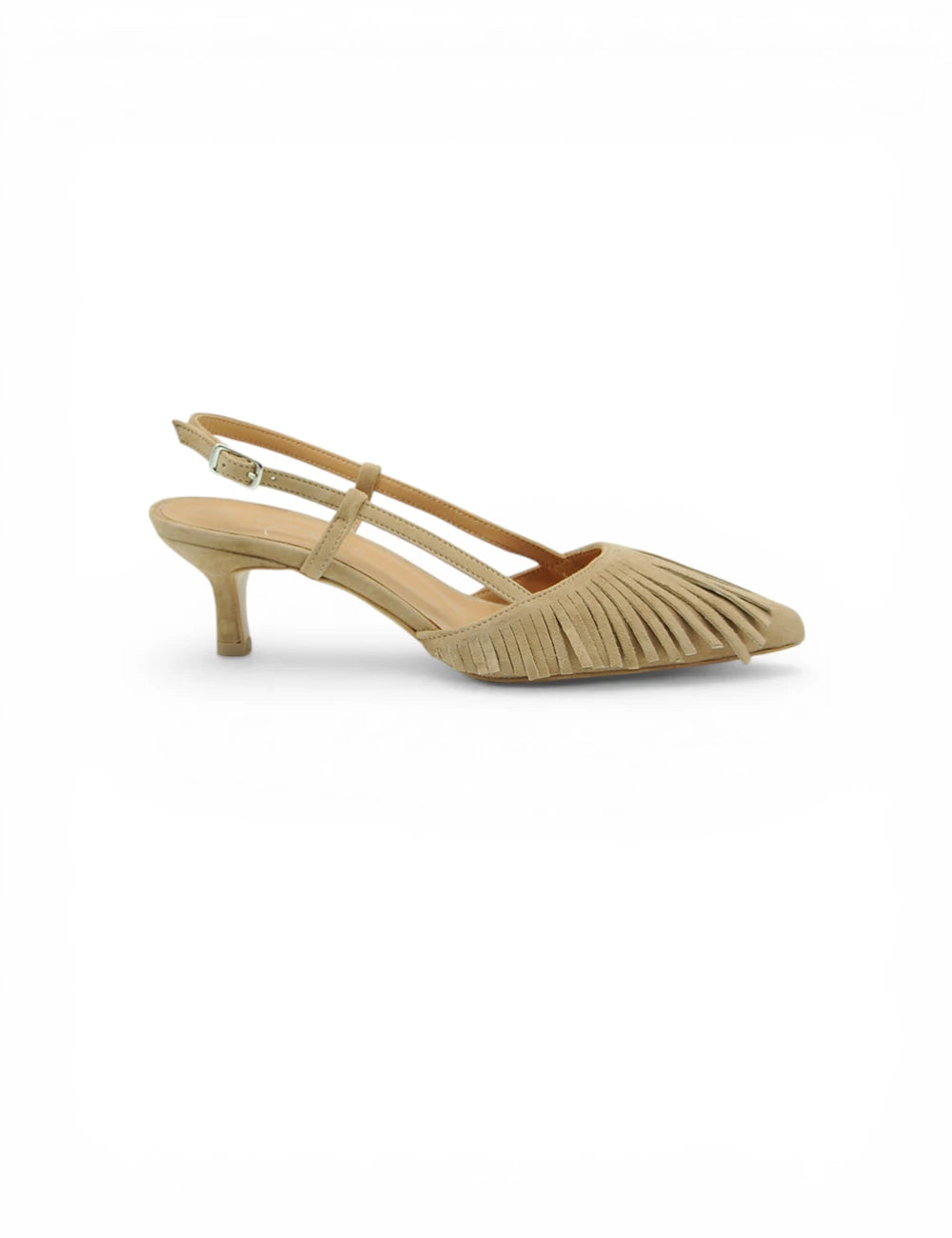 Gardenia Chanel slingback camel in beige suede con frange e tacco basso