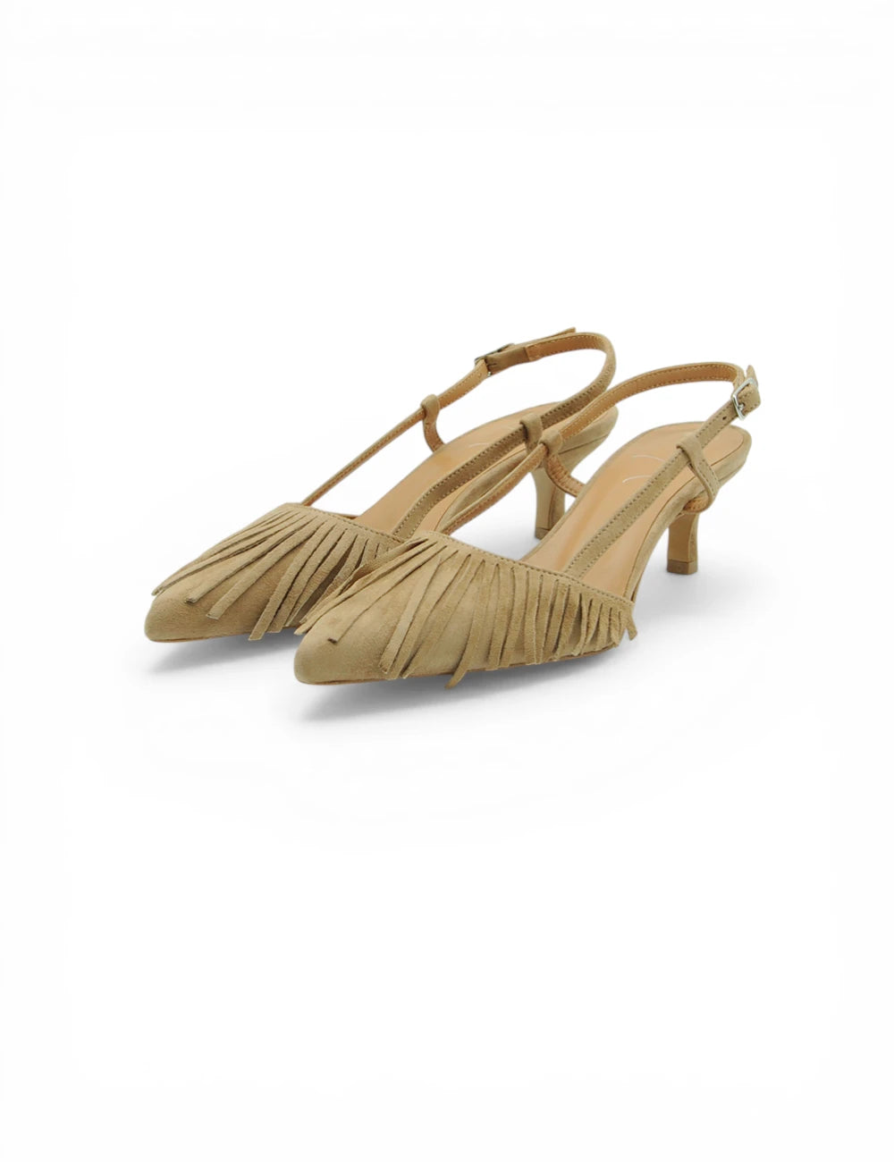 Sandali slingback Gardenia Chanel in camoscio beige con frange, tacco basso e cinturino regolabile